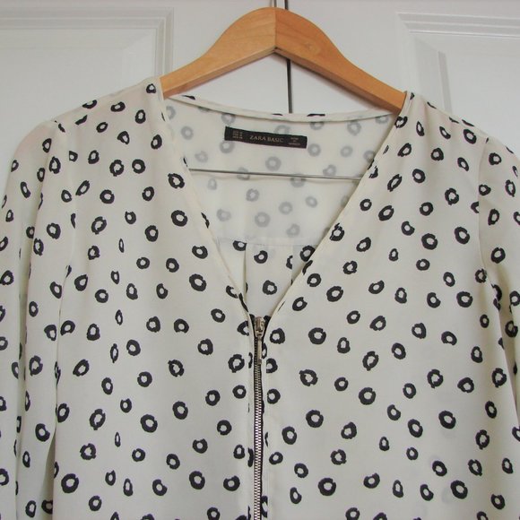 Zara Black and White Pattern Zipper Front V-neck Tunic Blouse Office Size Medium - Picture 4 of 12